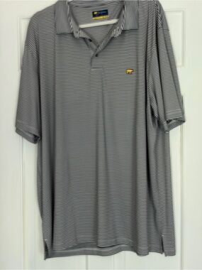 Men's Black and White Striped Polo Shirt with Embroidered Logo
